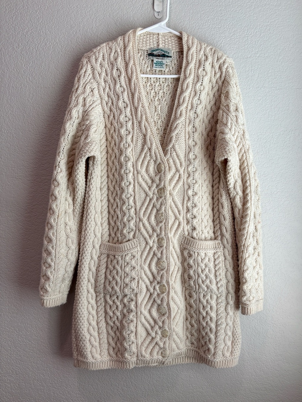 Aran Crafts Merino Wool Cardigan Sweater Cream Beige Women’s Size Large